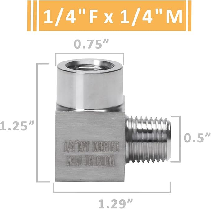 90 Degree Street Elbow - 1/4" NPT Male to 1/4" NPT Female Stainless Steel 304 Heavy Duty Forged Square Barstock Street Elbow Adapter Pipe Fitting (pack of 5)
