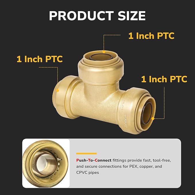 1" Pex Tee Pushfit, Push to Connect Brass Plumbing Fitting for Copper, CPVC, PEX Pipe, Brass Pex Fitting with Upgraded Stiffener, Disconnect Clip Included, NSF & UPC Certified