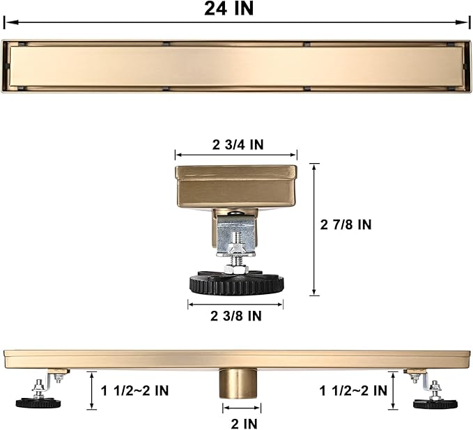 Linear Shower Floor Drain, Brushed Gold 24 Inch 304 Stainless Steel Bathroom Drains Kit, Rectangular Shower Trench Drain with Reversable Tile-in Pattern Drain Cover & Hair Catcher