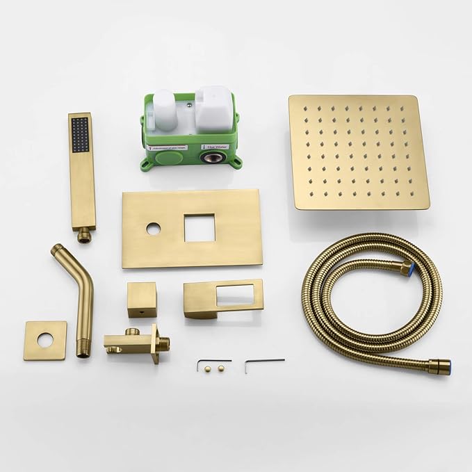 sumerain Rain Shower System Brushed Brass Dual Functions Shower Faucet Complete Set Including 8" Shower Head, Rough-In Valve Body and Trim