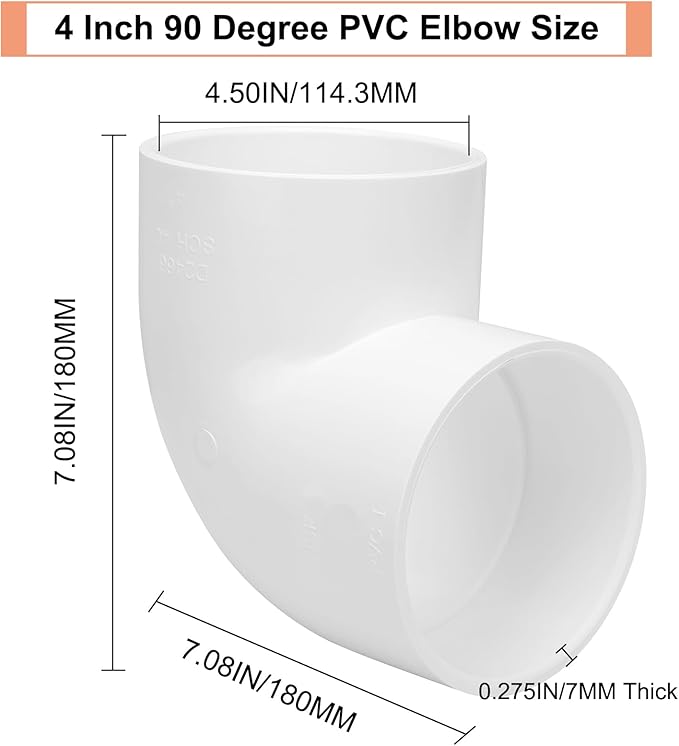 4 Inch 90 Degree Elbow 2 Way Right Angle PVC Pipe Fitting, Furniture Build Grade SCH40 (Socket x Socket) 4" PVC Fitting Connectors for DIY Shelf Garden Support Structure