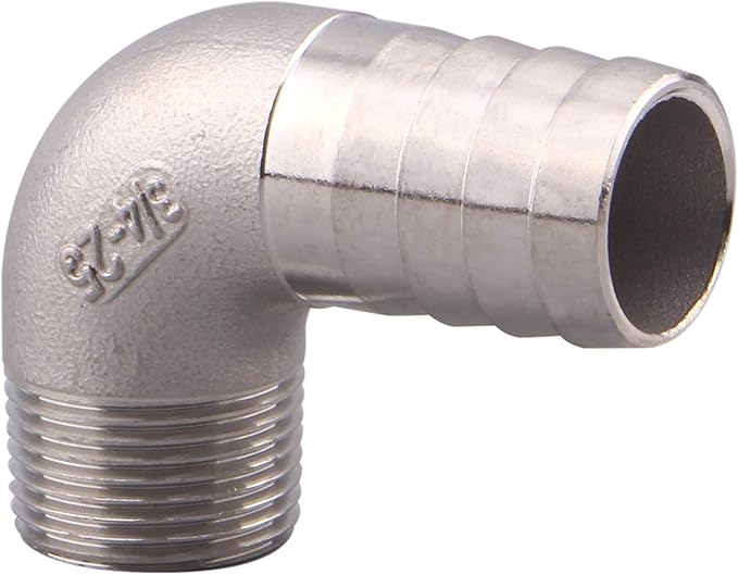 DERNORD 1" Hose Barb x 3/4" Male NPT Stainless Steel 90 Degree Elbow- Home Brew Pipe Fitting