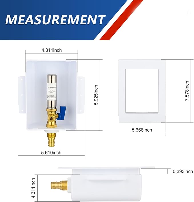 Ice Maker Outlet Box with Stainless Steel Water Hammer Arrestor,1/2 Inch PEX-A Expansion Inlet and 1/4 Inch OD Compression Outlet Connection, Icemaker Box with Installed 1/4-Turn Ball Valve