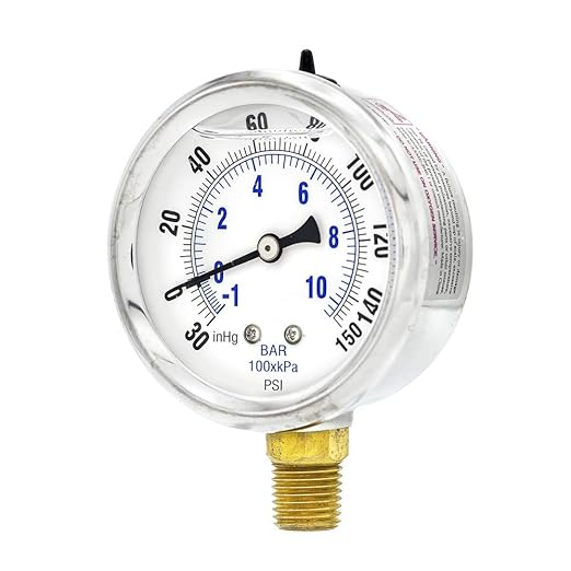 PIC Gauge PRO-201L-254CF Glycerin Filled Industrial Bottom Mount Pressure Gauge with Stainless Steel Case, Brass Internals, Plastic Lens, 2-1/2" Dial Size, 1/4" Male NPT, 30/0/150 psi