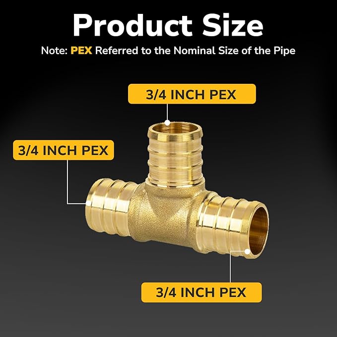 3/4" PEX Tee, PEX Fittings, Heavy-Duty Brass Crimp Fittings for PEX Pipes with Leak-Resistant Construction, NSF & UPC Certified, 5 Pack