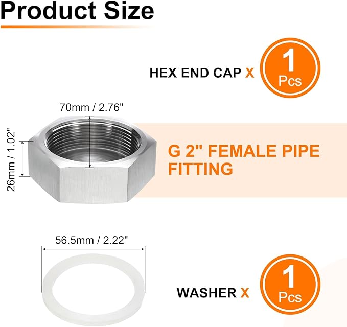 uxcell Hex End Cap 304 Stainless Steel Nut with Washer, G2" Female Thread Pipe Fitting, Gas Line Water Line Stop Valve Cap Tubing Ends for Plumbing Fittings, Silver Tone