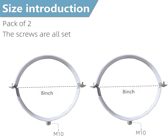2 Sets 8 Inch Premium Hose Pipe Clamp，Heavy Duty Galvanized Iron Stove Pipe Hanger Strap，Wall Support Chimney and dryer vent clamp，Round Split Ring Conduit Metal PVC Tube Kit，with Rubber Cushioned