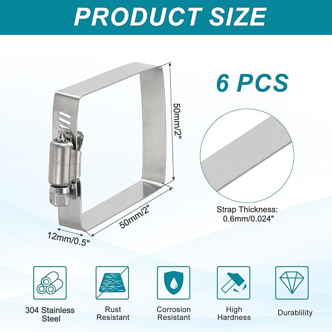 uxcell 6Pcs 304 Stainless Steel Rectangular Hose Clamp, Adjustable 2 x 2 Inch Square Worm Gear Duct Pipe Tube Clamps for Ducting Bracket Cable Tray Bridge Project Systems, Silver