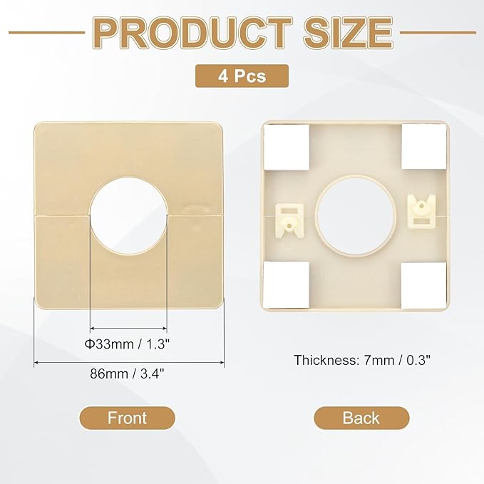 PATIKIL Wall Split Flange 86mm / 3.4" OD, 4 Pcs Square Escutcheon Plate Cover PPR Plumbing Cover Plates with Self-Adhesive Tape for 33mm / 1.3" Dia Water Pipe Faucet, Gold