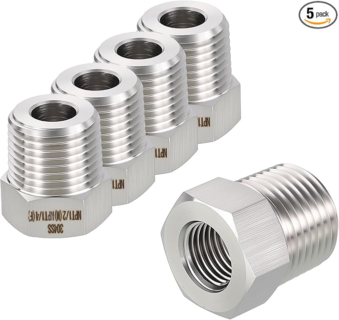 5 Pack 304 Stainless Steel Male to FeMale Adapter, 1/2" Male NPT x 1/4" FeMale NPT Hex Bushing Reducer for Industrial, Fluid, Home Gardening, Water Treatment