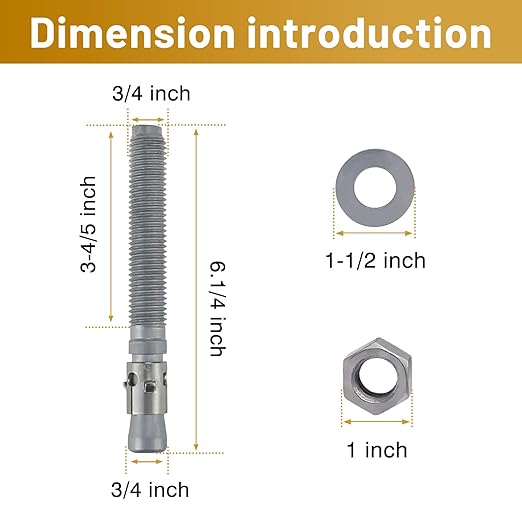 3/4 x 6-1/4 inch Wedge Concrete Anchors kit Galvanized Carbon Steel, Expansion Screw Bolt Heavy Duty Fasteners for Masonry Concrete (Pack of 5)