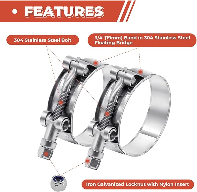 2 Pack 5 inch T-Bolt Hose Clamps, Stainless Steel_304 Working Range 133mm-141mm for 5" Hose ID, Turbo Intake Intercooler Clamp for Automotive