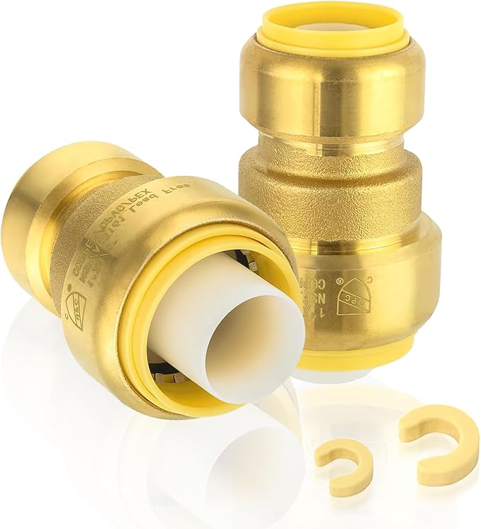 2-Pack HeSun Pushfit Coupling, 1"x3/4" Push to Connect Plumbing Fittings with Disconnect Clip, Brass Push-fit Fittings for PEX, Copper, CPVC, PE-RT Pipes(PF144)