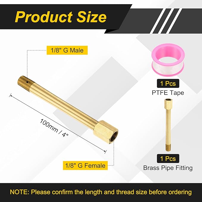 PATIKIL 1/8" g Male x 1/8" g Female Brass Pipe Fitting, Nipple Brass Fitting Extension Pipe Fittings Adapter Connection with Tape 4 Inch / 100mm Length