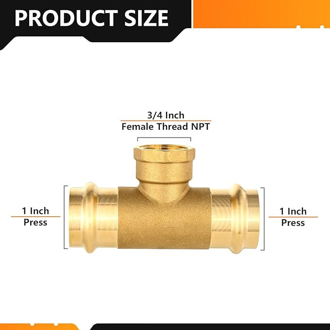 10-Pack HeSun Copper Pressure Fitting Tee, 1"PRESS x 1"PRESS x 3/4"Female NPT Tee, LF Brass