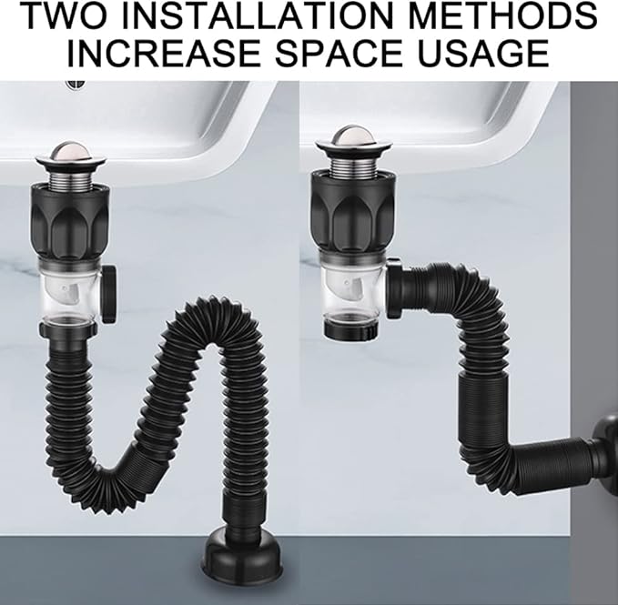 Bathroom Sink Drain Kit with Flexible Expandable P-Trap Pipe Anti-Odor Bathroom Sink Drain Pipe for 1-1/4" and 1-1/2" Hole
