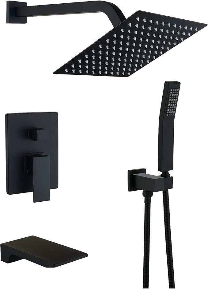 Bathtub Shower System Matte Black Shower and Tub Faucet set with 10 inch Rian Shower Head and Handheld Spray Mix Shower Combo,including Rough-in valve and Shower Trim Kit