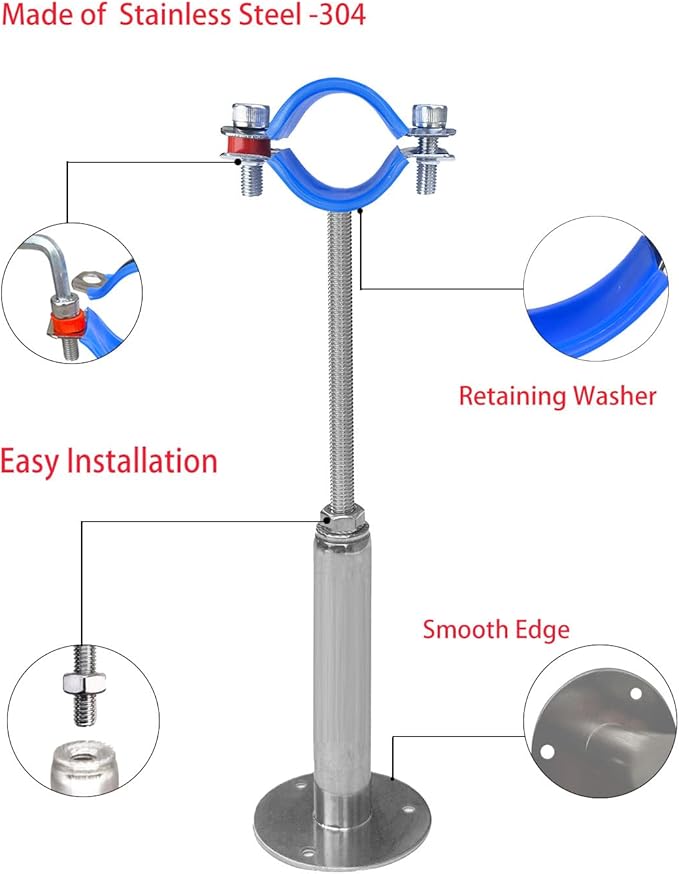 Wall Mount Ceiling Mount Pipe Supports,Adjustable Pipe Clamps 、Hangers、Stainless Steel 304,2PCS Suitable for Pipe OD 42-45mm Adjustable Height 100-200mm