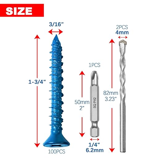 100Pcs 3/16" x1-3/4 Concrete Screws with Drill Bit, Flat Head Concrete Cement Screws Anchor Assortment Kit for Masonry, Block Brick or Stucco
