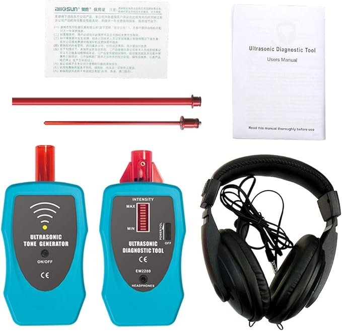 allsun Ultrasonic Leak Detector Diagnostic Stethoscope 36-44kHz Air/Contact Probe,Kit w/Rotary Volume,Tone Generator,Find Vacuum Gas Seal Faults,Auto& Industrial Leak Detection Tool