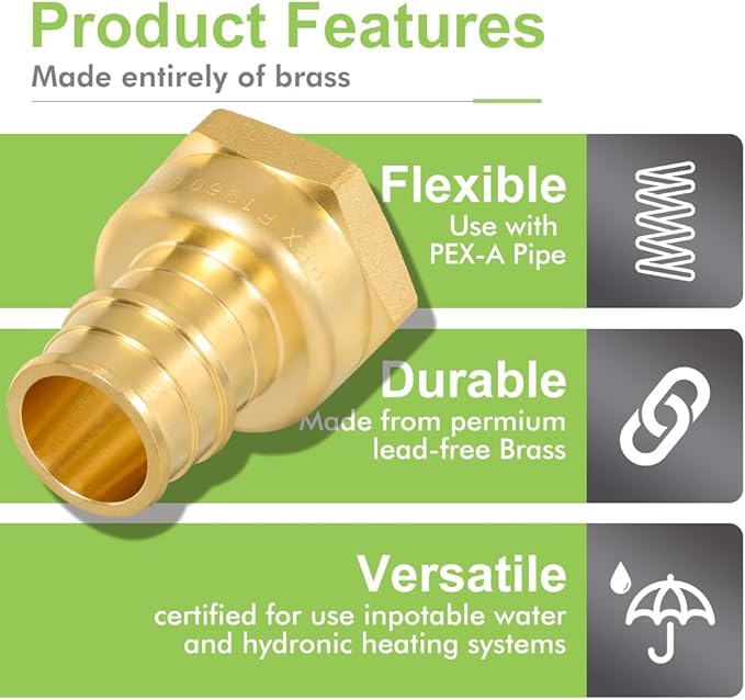 10 Pack Brass Expansion Female Adapter Fittings, 3/4 Inch Female NPT to 3/4 Inch PEX-A Brass Expansion PEX-A Fittings,NSF/ANSI 61 NSF 372 Certificate, ASTM F1960 Certified