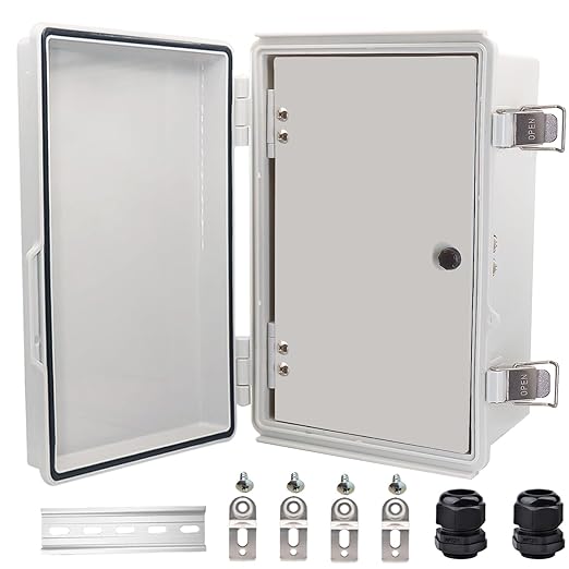 Waterproof Electrical Box with Mounting Plate, IP67 Junction Box Stainless Steel Latch Hinged Grey Cover Project Enclosure with Inner Door,Wall Bracket and 2 Glands 14" x 10" x 6"