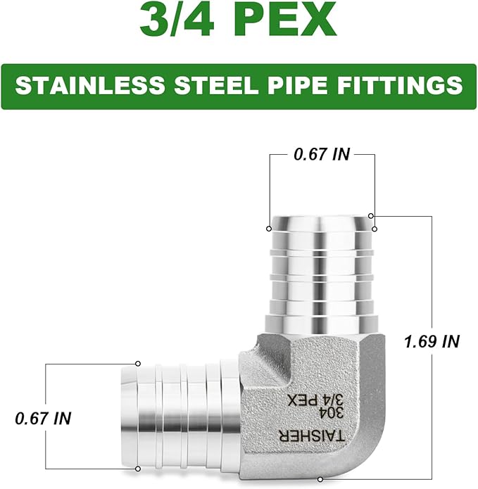 TAISHER 1PCS 304 Stainless Steel 90 Degree Elbow Pex Fittings, 3/4" Pex Fitting With 2PCS Hose Clamp For Pex Tubing Pipe