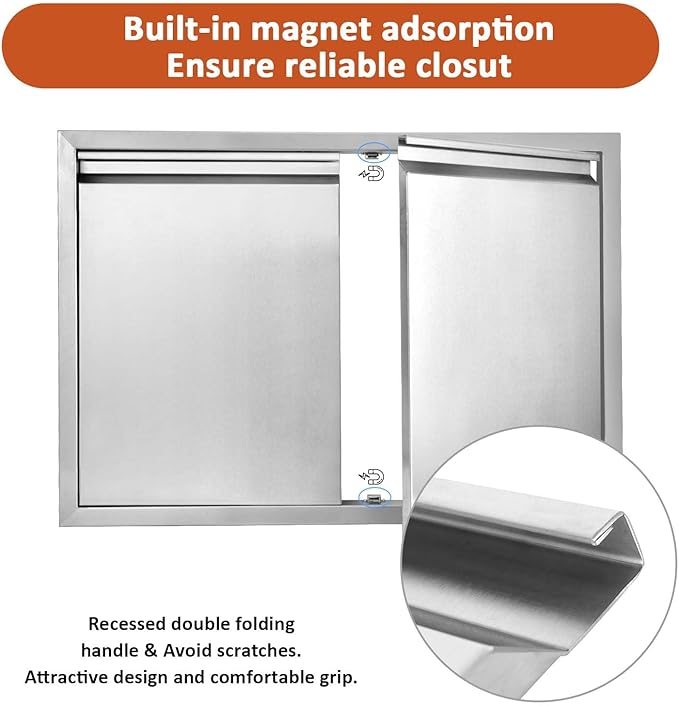 JIE JIN BBQ Access Door 26" W X 24" H Outdoor Kitchen Doors Double Doors Thickened 304 Stainless Steel Outdoor Kitchen Accessories Door for Indoor/Outdoor Kitchen Outdoor Cabinet BBQ Island