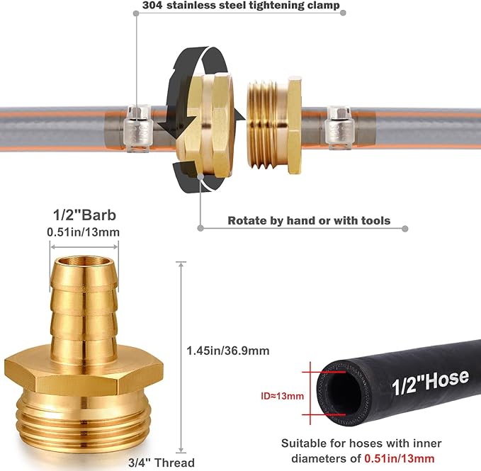 Solid Brass Garden Hose Repair kit Connector with Stainless Steel Clamps, Male Adapter/Female Garden Hose Swivel Fitting… (1/2" Barb x 3/4" Male -2 Sets)