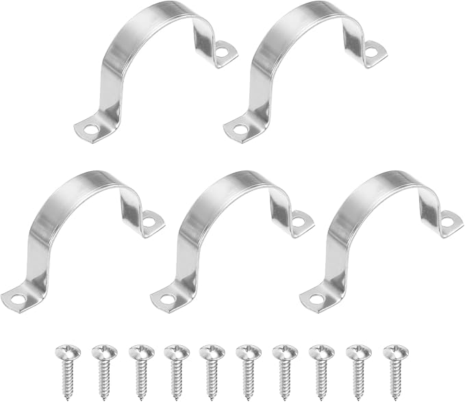 uxcell 5Pcs 63mm(2-1/2") Two Hole Rigid Pipe Strap, 304 Stainless Steel Conduit Clamp Thicken U Bracket Heavy Duty Pipe Clamp with Self-Tapping Screws for Fixing Tube Cable, Silver
