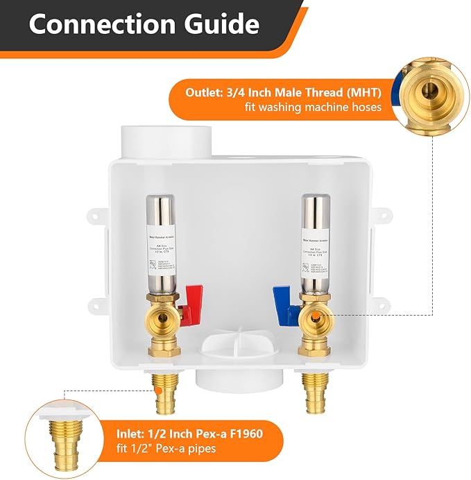 1-Pack HeSun Washing Machine Outlet Box,Pex A Expansion Washer Box with Drain, 1/2 Inch PEX-A Inlet x 3/4 Inch MHT Outlet,with Stainless Steel Arrestor,ASTM F1960,White(WM008)