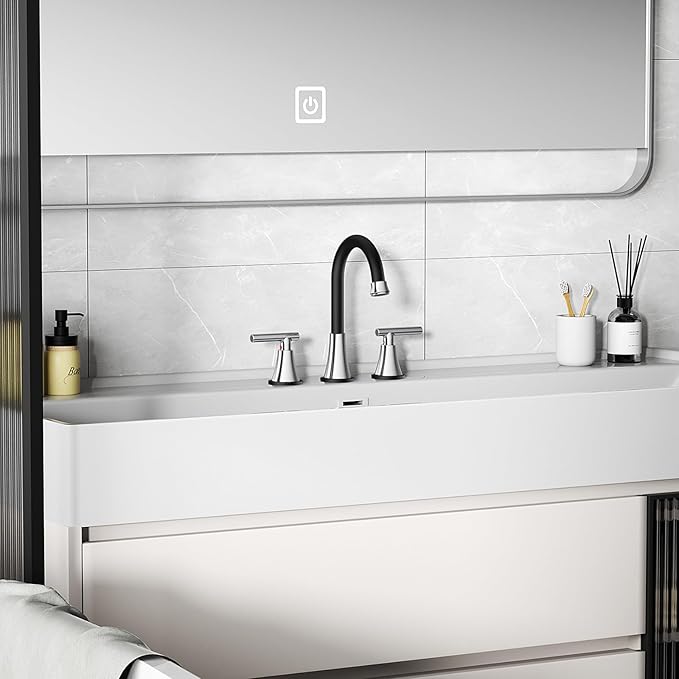 Bathroom Faucets for Sink 3 Hole, Hurran Black& Chrome Bathroom Sink Faucet with Pop-up Drain and Supply Lines, Stainless Steel Lead-Free Widespread Faucet for Vanity RV Farmhouse Sink