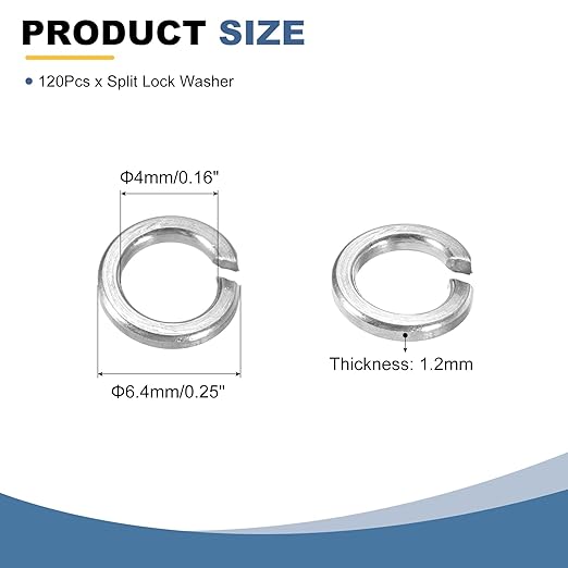 uxcell 120 Pcs M4 Split Lock Washers, 304 Stainless Steel Spring Lock Washer 4mm ID 6.4mm OD 1.2mm Thick for Screws Bolts Fasteners