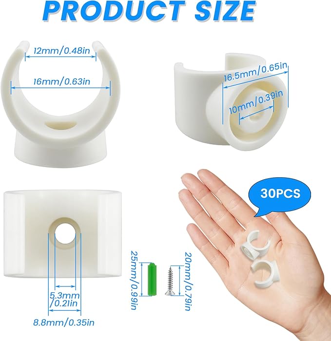 SDTC Tech 30 Pack 1/2 Inch PEX Pipe Clamp Clip, 16 mm U Hook PEX Tubing Clamps Hangers PVC Water Pipe Support Holder Bracket Socket, White Plastic Clips Hangers (Fasteners Included)