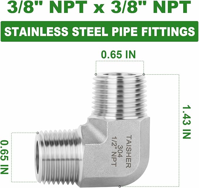 TAISHER 2PCS 304 Stainless Steel 90 Degree Barstock Street Elbow, 3/8" NPT Male Pipe to 3/8" NPT Male 304 Stainless Pipe Fitting