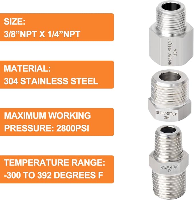 GASHER 6PCS 304 Stainless Steel Pipe Fitting, Hex Bushing, Reducer Adapter, Reducing Hex Nipple 3/8 Inch NPT x 1/4 Inch NPT
