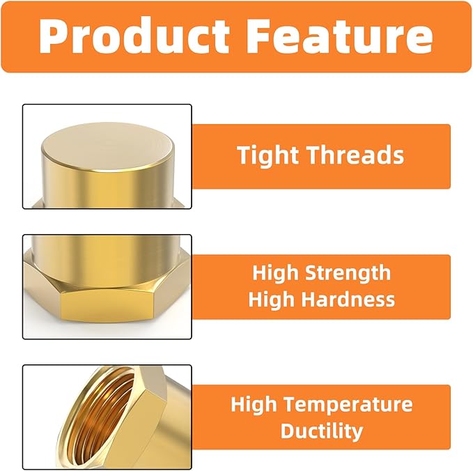 GASHER 1/2"NPT Brass Pipe Cap, NPT Female Thread Socket Pipe End Cap Plugs Fitting 10PCS