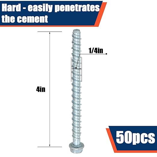 Tandefio 50 Pack 1/4" x 4" Concrete Screw Anchor Galvanized Large Diameter Heavy Duty Plated Concrete Anchors for Masonry Brick Anchoring Block Decking Framing Hex Drive