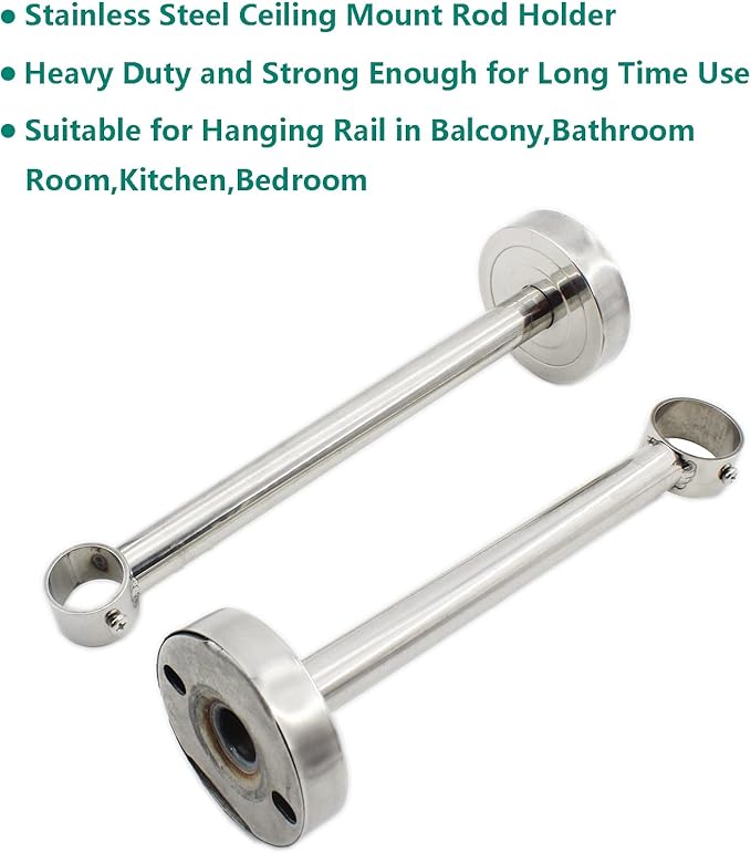 2 Pack Ceiling Mount Bracket, Stainless Steel Wardrobe Pipe Bracket Rod Holder Ceiling Holder, ULIFESTAR Shower Curtain Closet Wardrobe Rod Lever Support Pipe Flange Socket (D*H)33 * 300mm/1.3 * 12''