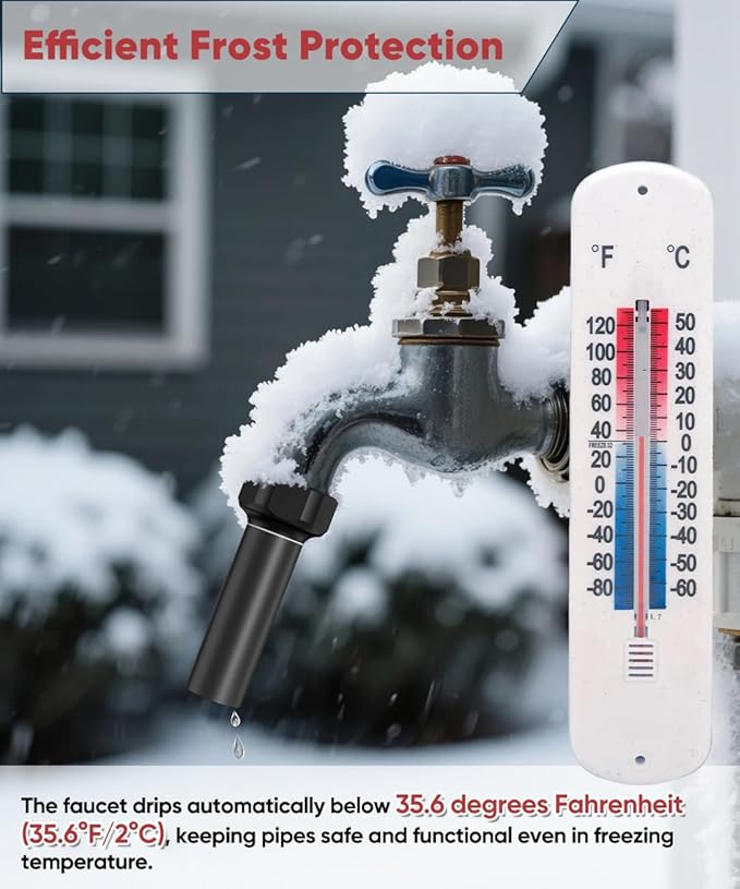 Outdoor Faucet Winter Freeze Protection Valve, Activates at Water Temperature Below 35.6°F/ 2°C, 3/4-Inch Thread Frost Proof Faucet Cover for for Garden, Lawn & Yard Spigot, Black, 1Pack