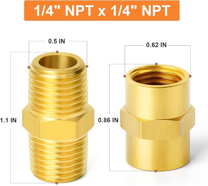 GASHER 4PCS Metals Brass Pipe Fitting, Hex Nipple Brass Hex Coupler, 1/4" x 1/4" NPT Male Thread Pipe, 1/4Inch x 1/4Inch NPT Female Thread Pipe