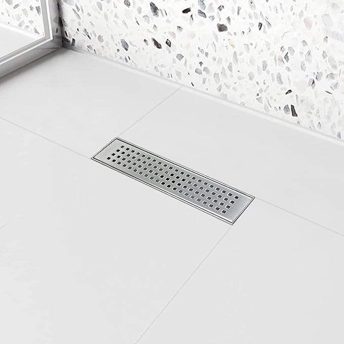 Linear Shower Drain, 12 inch Drain with Removable Grate Cover, Brushed 304 Stainless Steel Shower Floor Drain, Linear Drain with Hair Strainer and Adjustable Feet