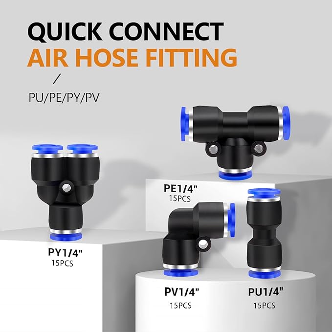 mankk 60PCS 1/4”OD Push to Connect Fittings Air Hose Fittings Quick Release Pneumatic Kit (15 Spliters,15 Elbows,15 Tee,15 Straight) for Air Line 1/4"Tube