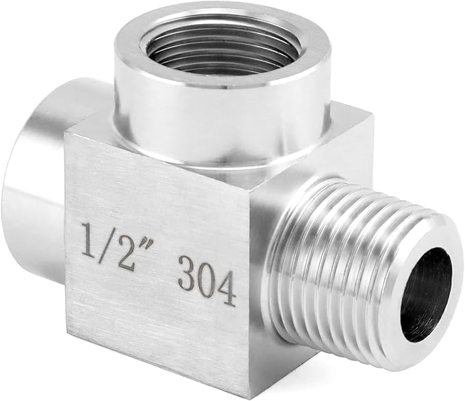 QWORK Stainless Steel Pipe Fitting - 304 Grade, Street Tee, Male Run Tee, 1/2" NPT Male x 1/2" NPT Female x 1/2" NPT Female