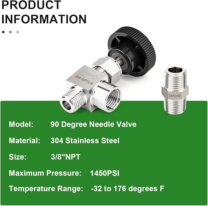 TAISHER 1PCS 304 Stainless Steel 90 Degree Needle Valve 3/8" NPT Male x 3/8" NPT Female For Flow Control Water Gas Oil With Nipple