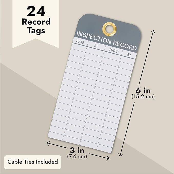 Juvale Inspection Tags for Equipment - 24-Pack, 6 x 3 in White PVC - Waterproof & Rip-Resistant with Eyelets & Cable Ties - Maintenance Log Sticker & Monthly Inspection Tags