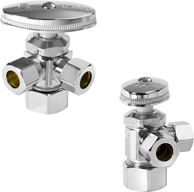 HeSun 100-PCs Pex Angle Stop Valve, 1/2" Nominal (5/8"OD) x 3/8" OD Comp, 3-Way Multi Turn Compression Angle Stop, PEX Chrome Plated Brass