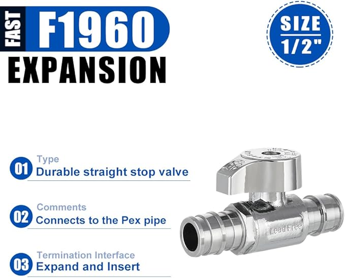 EFIELD 1/4 Turn Straight Stop Valve - Pex-A Cold Expansion 1/2" Pex X 1/2" Chrome Plated, ASTM F1960, Heavy Duty, LF Brass,(VALVE384)