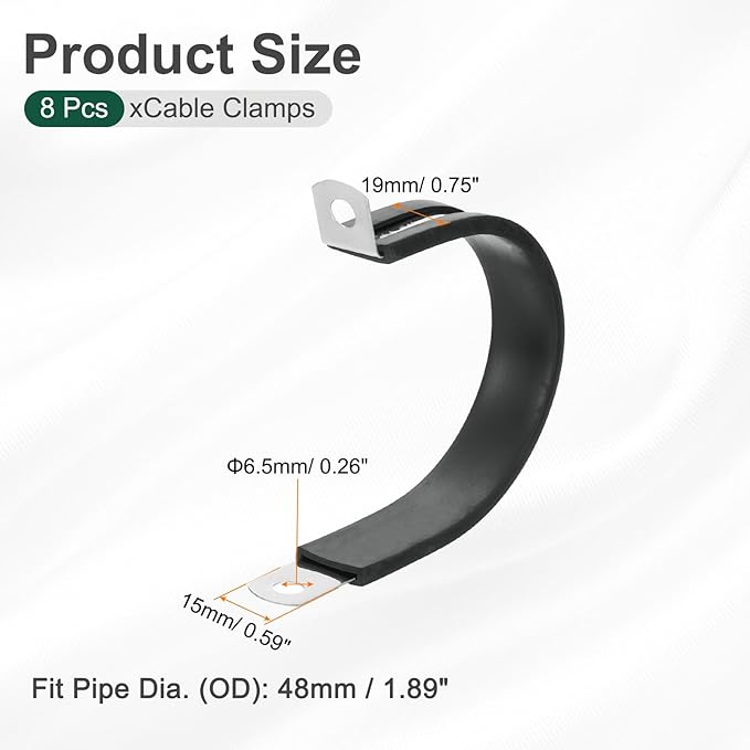 uxcell 1-7/8"(48mm) Cable Clamp, 304 Stainless Steel Rubber Cushioned Insulated Clamp R Shape Metal Clamp Tube Holder for Pipe Hose Wire Cord Installation 8Pcs