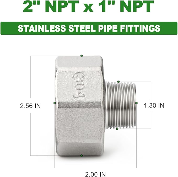 TAISHER 1PCS 304 Stainless Steel Pipe Fitting, Reducer Adapter, 1" NPT Male x 2" NPT Female